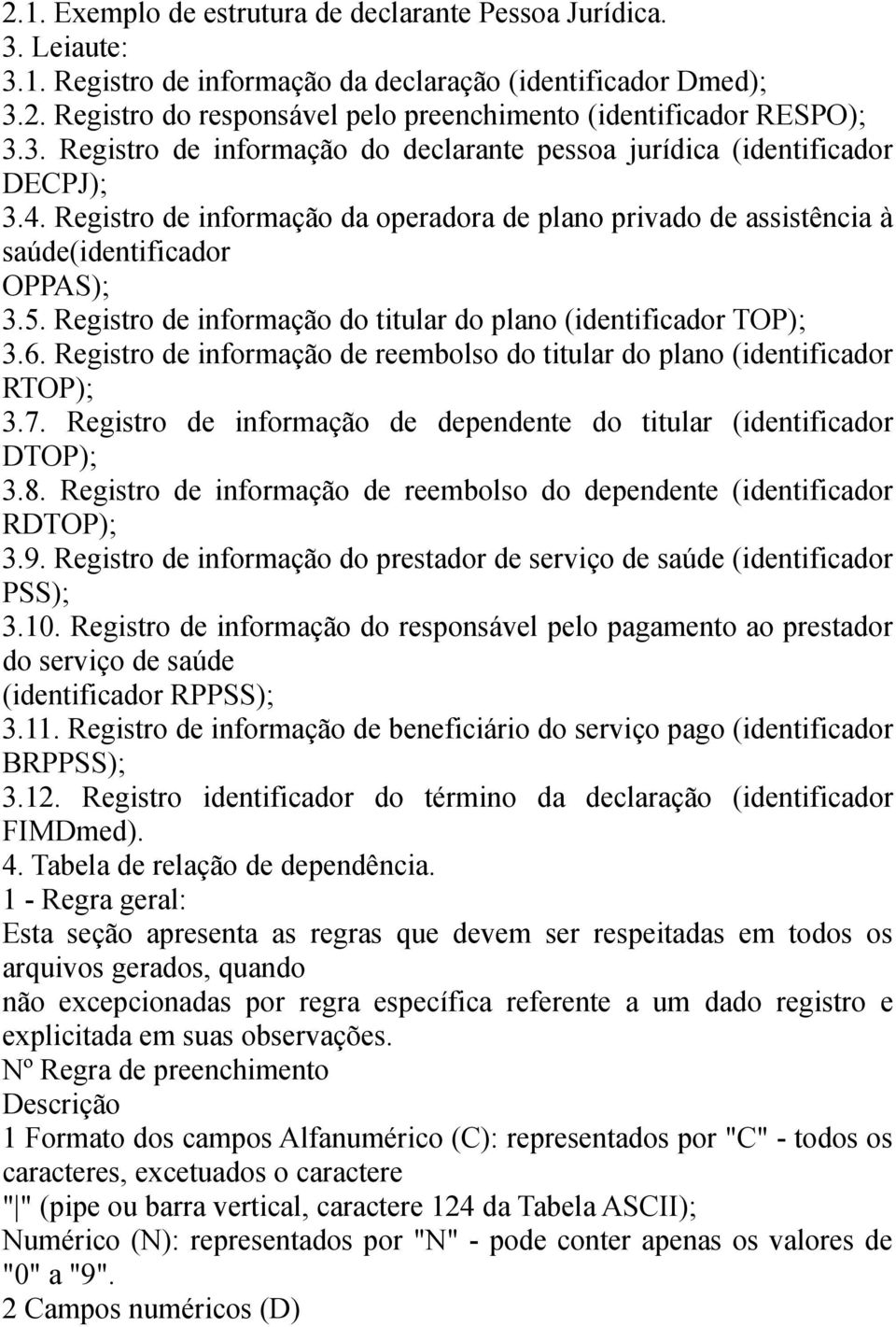 Registro de informação do titular do plano (identificador TOP); 3.6. Registro de informação de reembolso do titular do plano (identificador RTOP); 3.7.