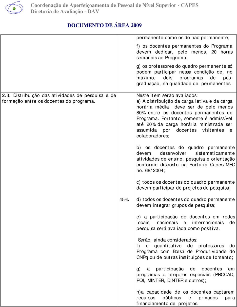 Neste item serão avaliados: a) A distribuição da carga letiva e da carga horária média deve ser de pelo menos 80% entre os docentes permanentes do Programa.