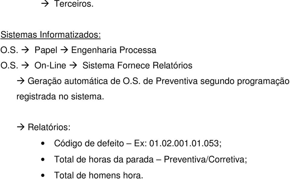 Relatórios: Código de defeito Ex: 01.