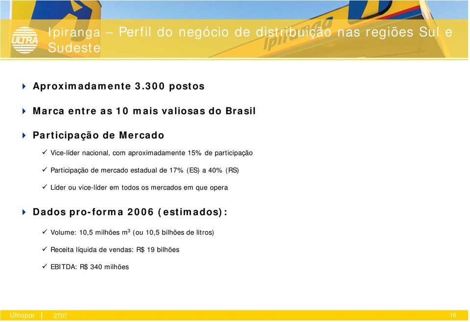 de participação Participação de mercado estadual de 17% (ES) a 40% (RS) Líder ou vice-líder em todos os mercados em que