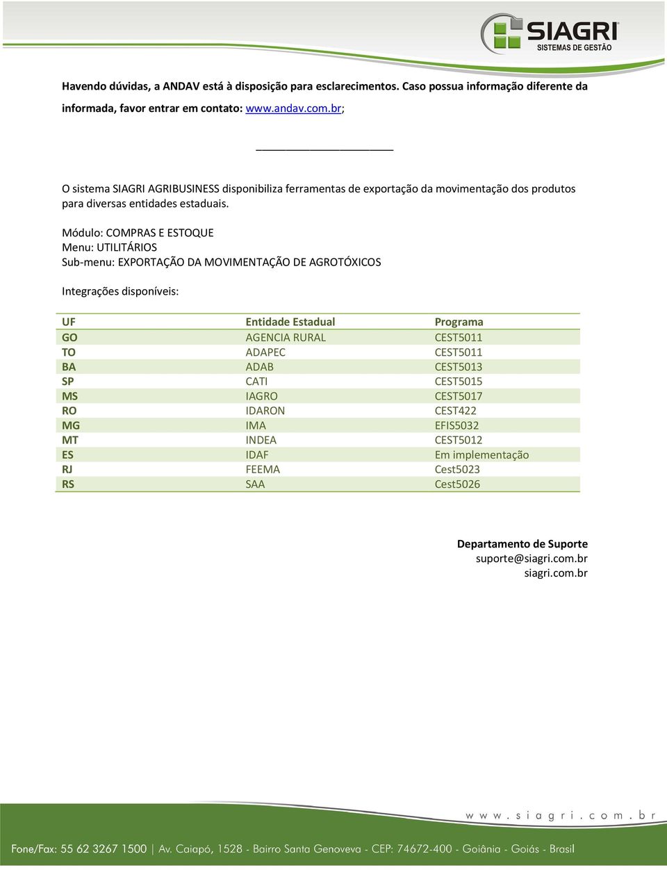 Módulo: COMPRAS E ESTOQUE Menu: UTILITÁRIOS Sub-menu: EXPORTAÇÃO DA MOVIMENTAÇÃO DE AGROTÓXICOS Integrações disponíveis: UF Entidade Estadual Programa GO AGENCIA RURAL CEST5011