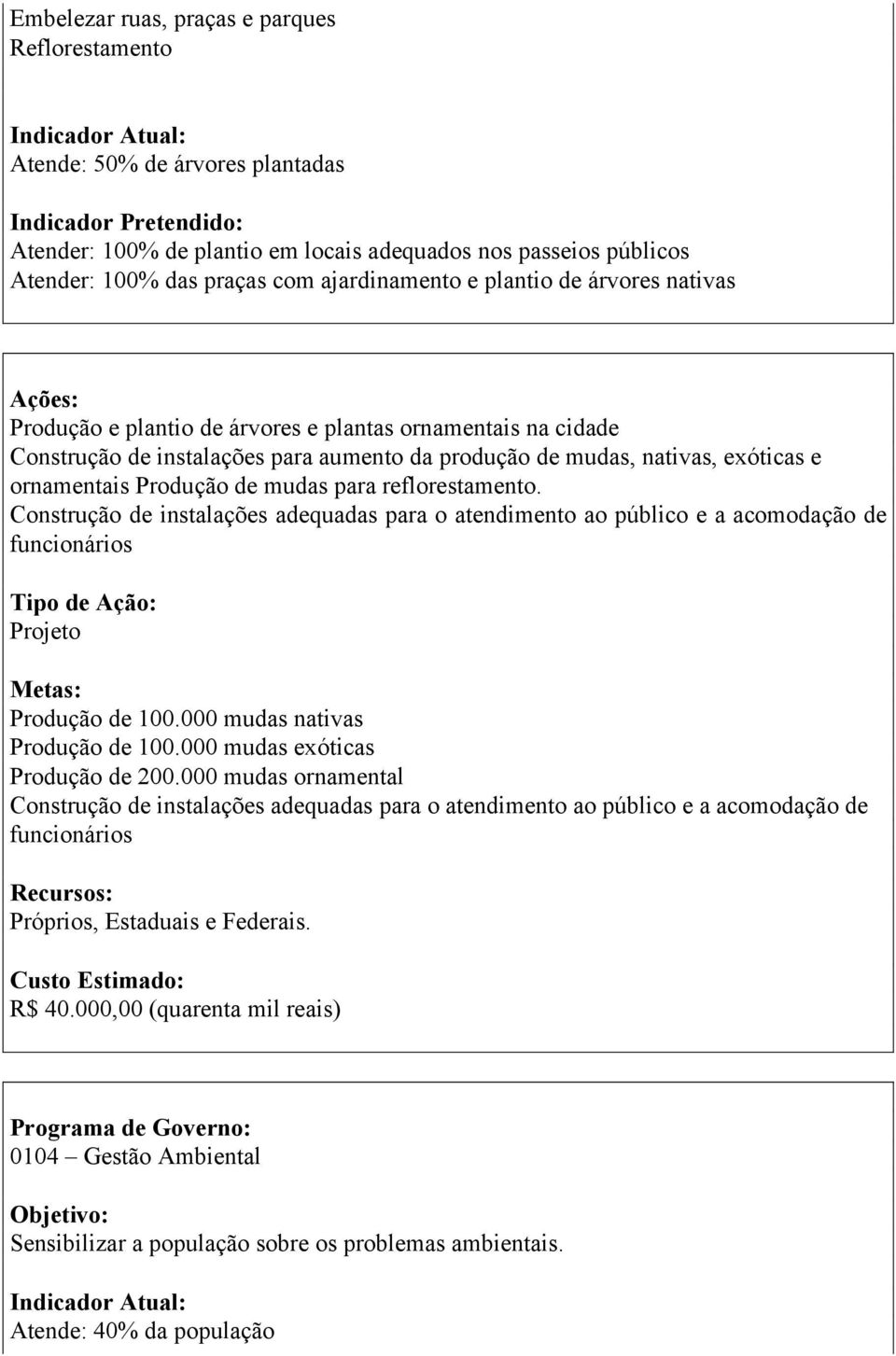 para reflorestamento. Construção de instalações adequadas para o atendimento ao público e a acomodação de funcionários Projeto Produção de 100.000 mudas nativas Produção de 100.