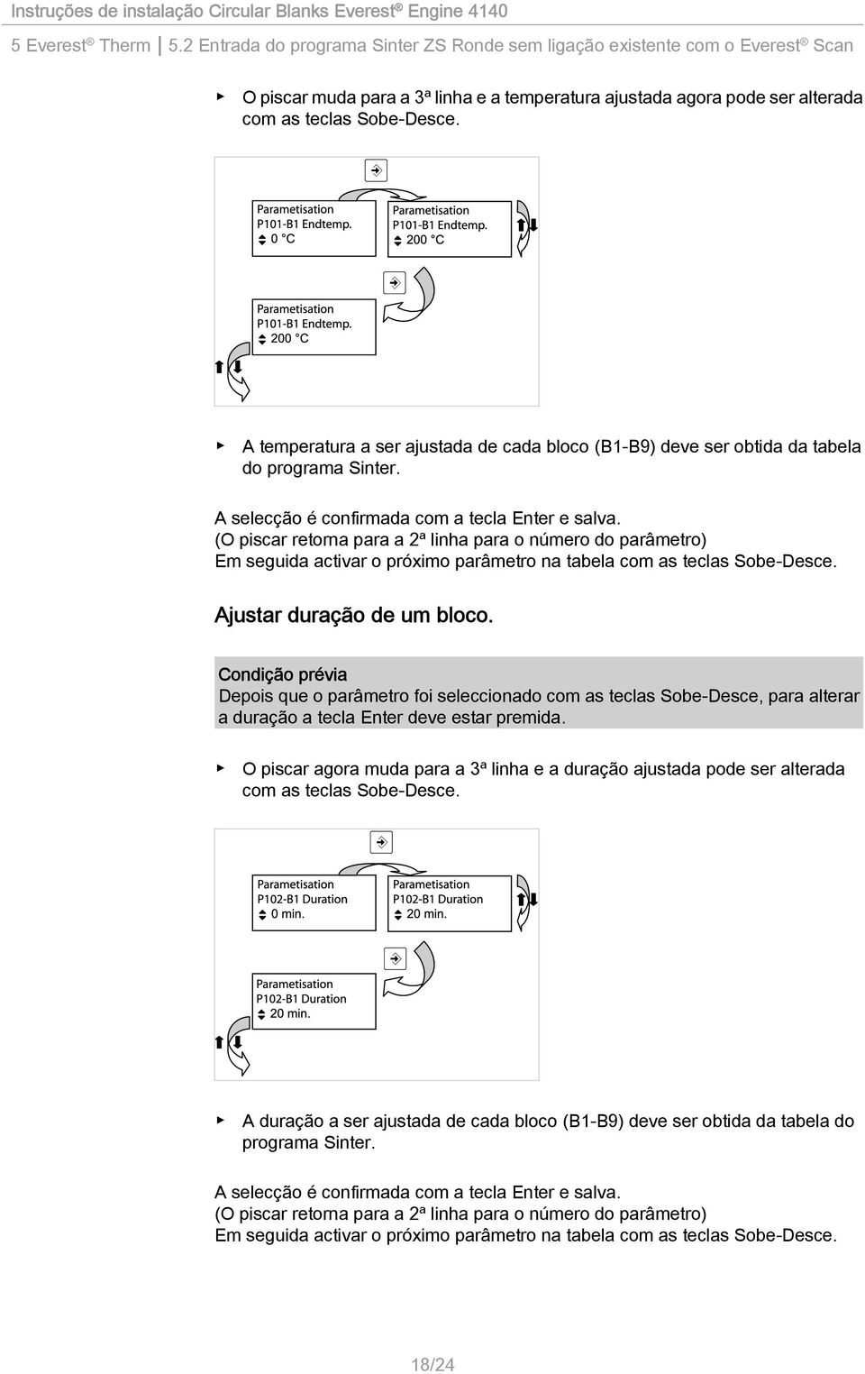 A temperatura a ser ajustada de cada bloco (B1-B9) deve ser obtida da tabela do programa Sinter. A selecção é confirmada com a tecla Enter e salva.