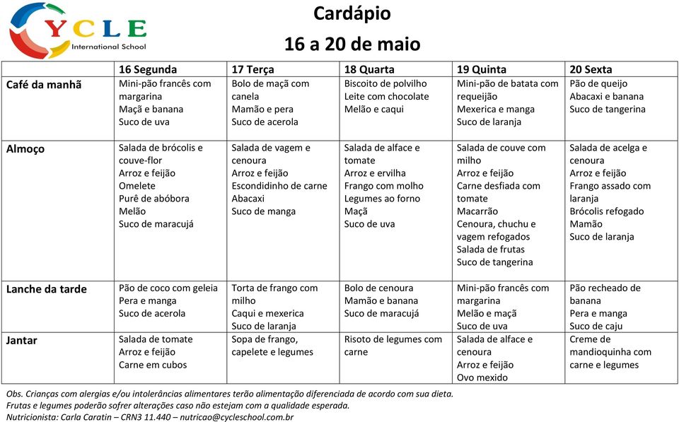 forno Maçã Salada de couve com Carne desfiada com Macarrão Cenoura, chuchu e vagem refogados Salada de acelga e Frango assado com laranja Brócolis refogado Mamão Pão de coco com geleia Pera e manga