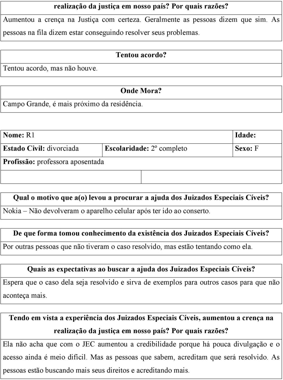 Nome: R1 Idade: Estado Civil: divorciada Escolaridade: 2º completo Sexo: F Profissão: professora aposentada Nokia Não devolveram o aparelho celular após ter ido ao conserto.