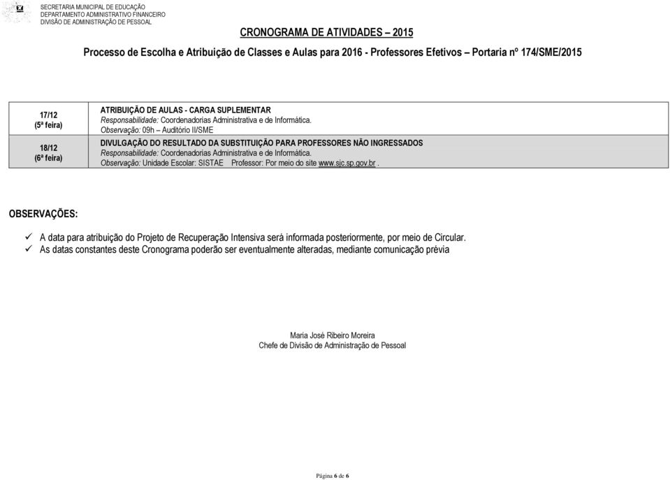 OBSERVAÇÕES: A data para atribuição do Projeto de Recuperação Intensiva será informada posteriormente, por meio de