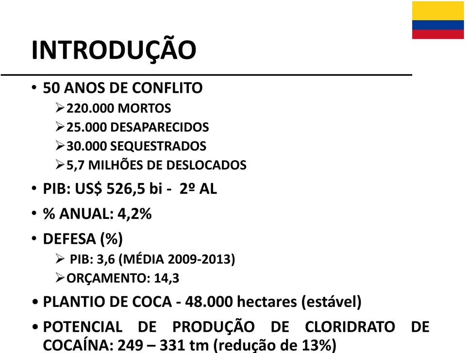 4,2% DEFESA (%) PIB: 3,6 (MÉDIA 2009-2013) ORÇAMENTO: 14,3 PLANTIO DE COCA - 48.