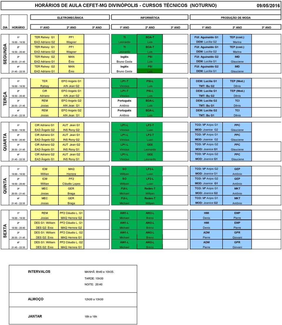 ) 19:00-19:50 EAD Adriano G2 Wagner Leonardo Luis DEM: Lucília G2 Marina 2º TER Ralney G1 PF1 TI BDA-T FUI: Aguinaldo G1 TEP (cost.