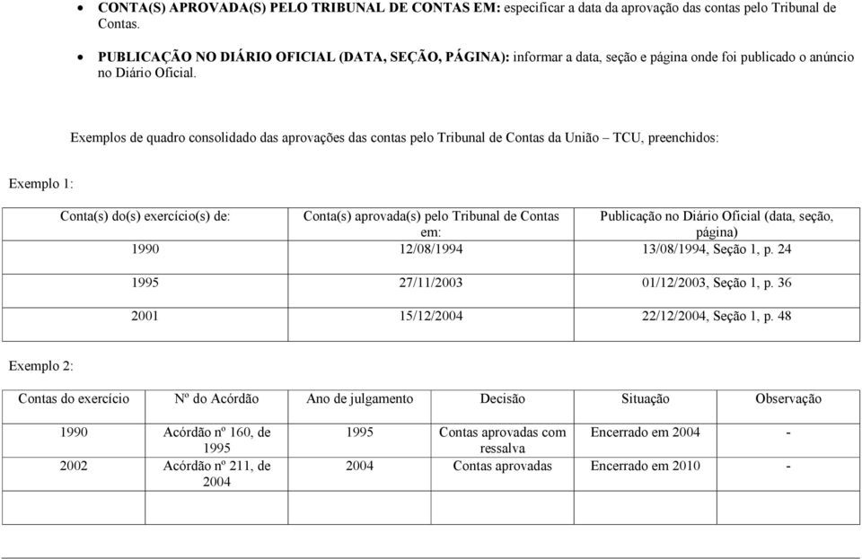 Exemplos de quadro consolidado das aprovações das contas pelo Tribunal de Contas da União TCU, preenchidos: Exemplo 1: Conta(s) do(s) exercício(s) de: Conta(s) aprovada(s) pelo Tribunal de Contas