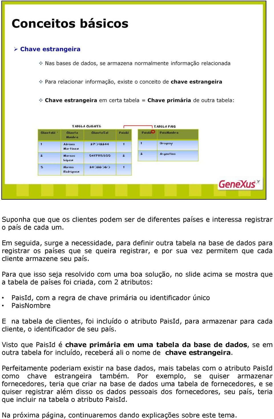 Para que isso seja resolvido com uma boa solução, no slide acima se mostra que a tabela de países foi criada, com 2 atributos: PaisId, com a regra de chave primária ou identificador único PaisNombre