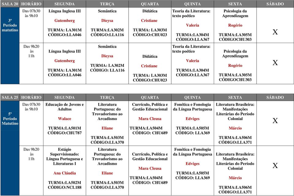 CÓDIGO:LLA367 Psicologia da Aprendizagem TURMA:LA305M CÓDIGOCHU303 Psicologia da Aprendizagem TURMA:LA305M CÓDIGOCHU303 SALA 25 HORÁRIO SEGUNDA TERÇA QUARTA QUINTA SETA SÁBADO 5º Matutino 9h10 de