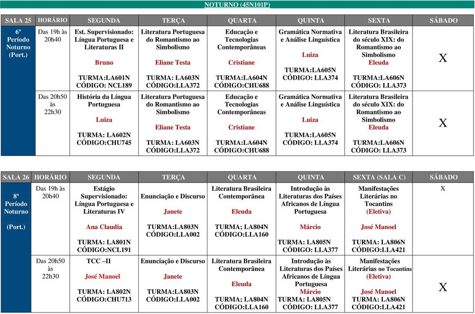 ao Testa TURMA: LA603N CÓDIGO:LLA372 e Tecnologias TURMA:LA604N CÓDIGO:CHU688 e Tecnologias TURMA:LA604N CÓDIGO:CHU688 Gramática Normativa e Análise Linguística TURMA:LA605N CÓDIGO: LLA374 Gramática