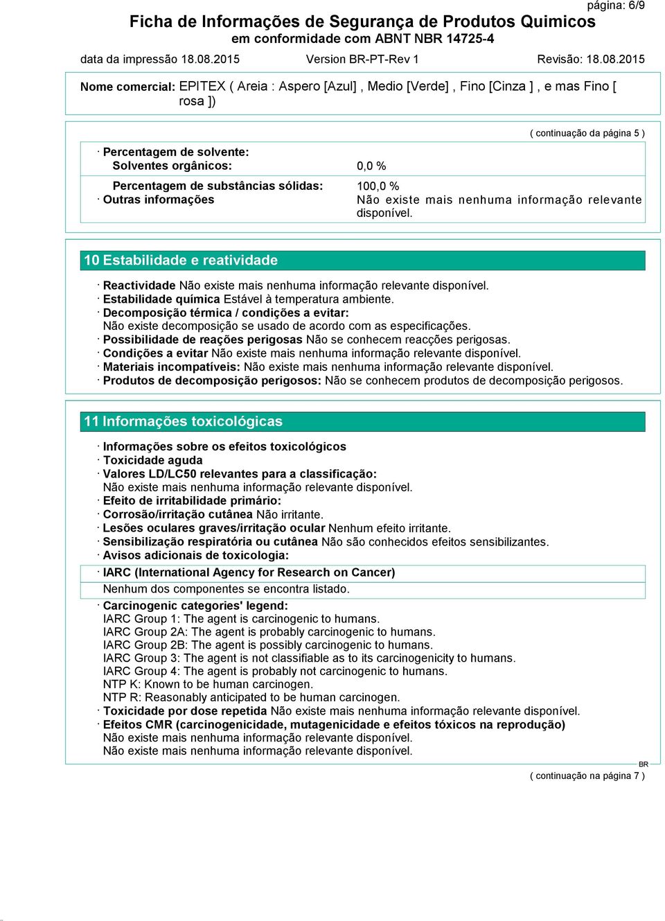 informação relevante disponível. 10 Estabilidade e reatividade Reactividade Estabilidade química Estável à temperatura ambiente.