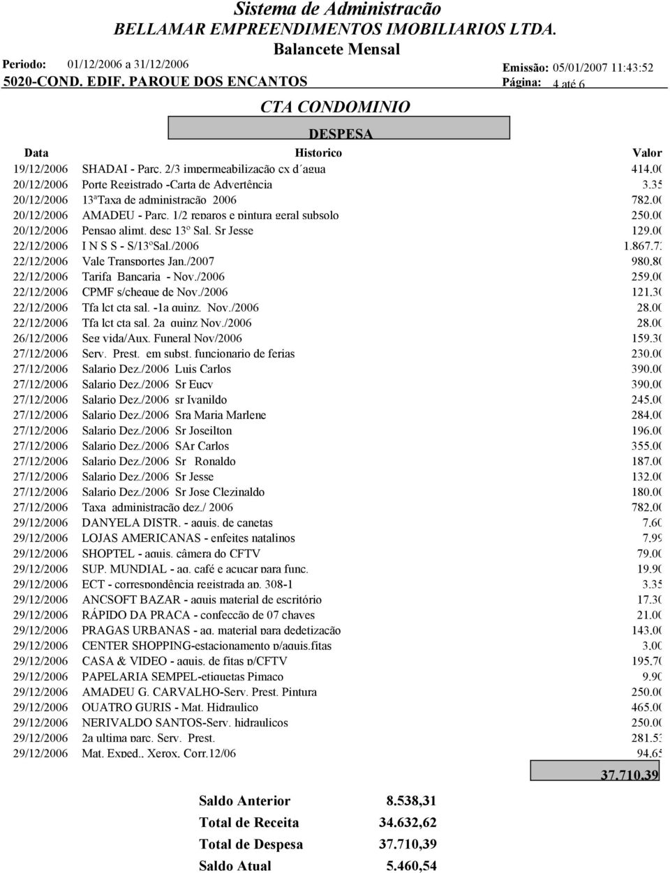 1/2 reparos e pintura geral subsolo 250,00 20/12/2006 Pensao alimt. desc 13º Sal. Sr Jesse 129,00 22/12/2006 I N S S - S/13ºSal./2006 1.867,73 22/12/2006 Vale Transportes Jan.