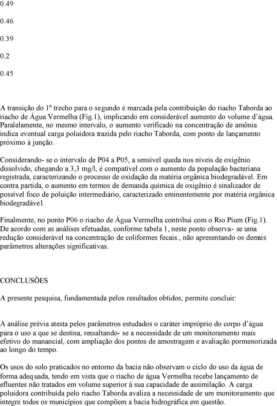 Considerando- se o intervalo de P04 a P05, a sensível queda nos níveis de oxigênio dissolvido, chegando a 3,3 mg/l, é compatível com o aumento da população bacteriana registrada, caracterizando o