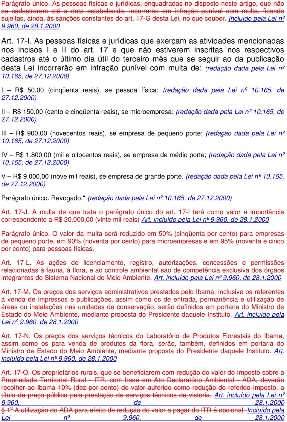 constantes do art. 17-G desta Lei, no que couber. Incluído pela Lei nº 9.960, de 28.1.2000 Art. 17-I. As pessoas físicas e jurídicas que exerçam as atividades mencionadas nos incisos I e II do art.