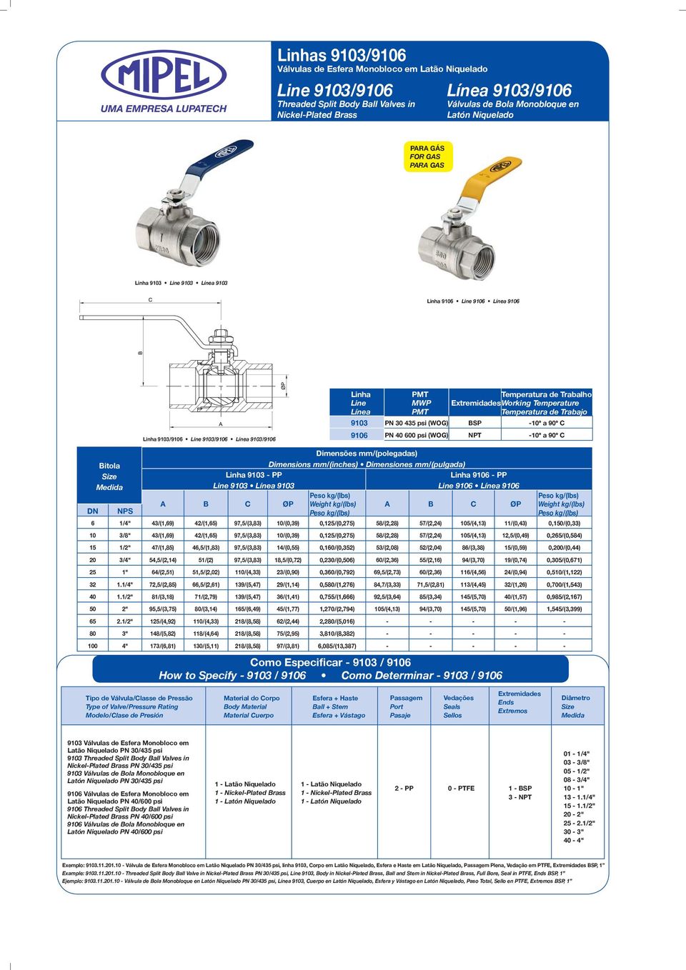 (WOG) BSP -10º a 90º C Linha 9103/9106 Line 9103/9106 Línea 9103/9106 9106 PN 40 600 psi (WOG) NPT -10º a 90º C Linha 9103 - PP Line 9103 Línea 9103 Linha 9106 - PP Line 9106 Línea 9106 Como