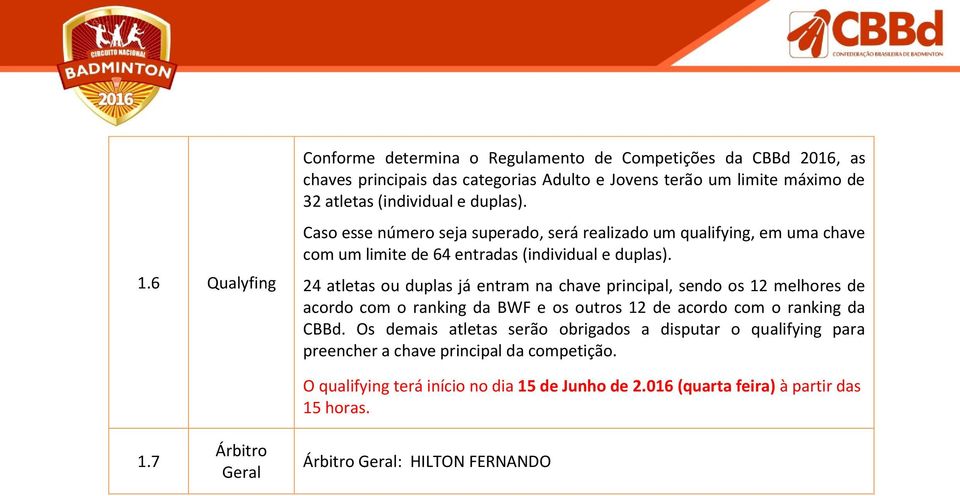 24 atletas ou duplas já entram na chave principal, sendo os 12 melhores de acordo com o ranking da BWF e os outros 12 de acordo com o ranking da CBBd.