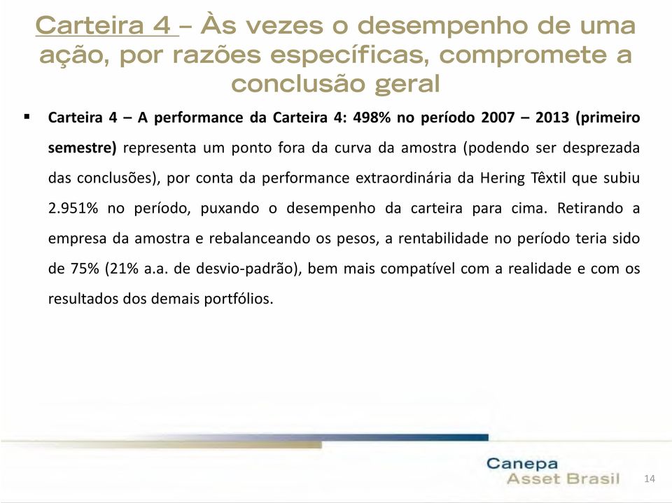 extraordinária da Hering Têxtil que subiu 2.951% no período, puxando o desempenho da carteira para cima.