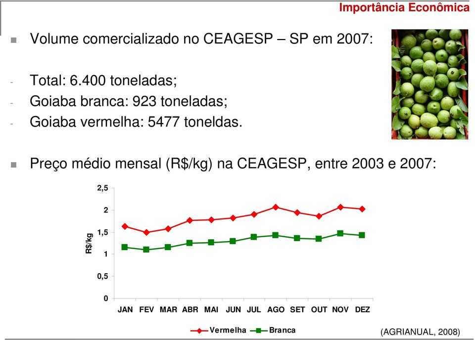 Preço médio mensal (R$/kg) na CEAGESP, entre 2003 e 2007: 2,5 2 R$/kg 1,5 1 0,5