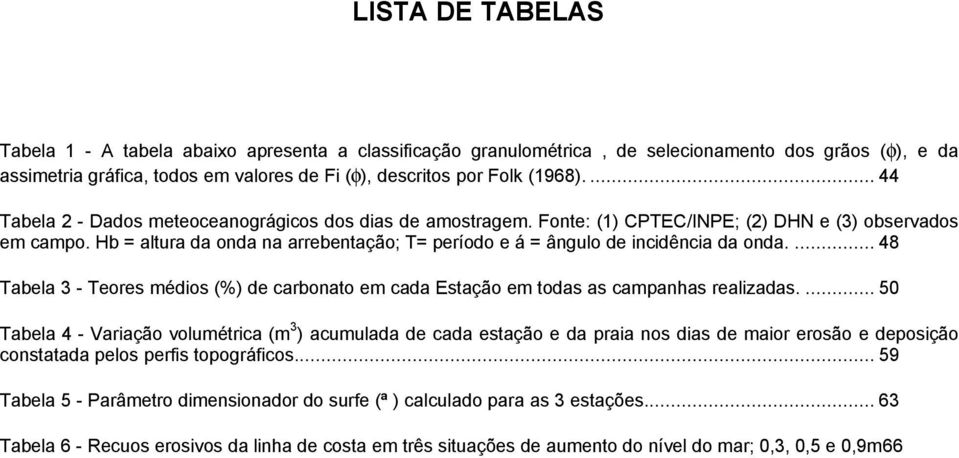 Hb = altura da onda na arrebentação; T= período e á = ângulo de incidência da onda.... 48 Tabela 3 - Teores médios (%) de carbonato em cada Estação em todas as campanhas realizadas.