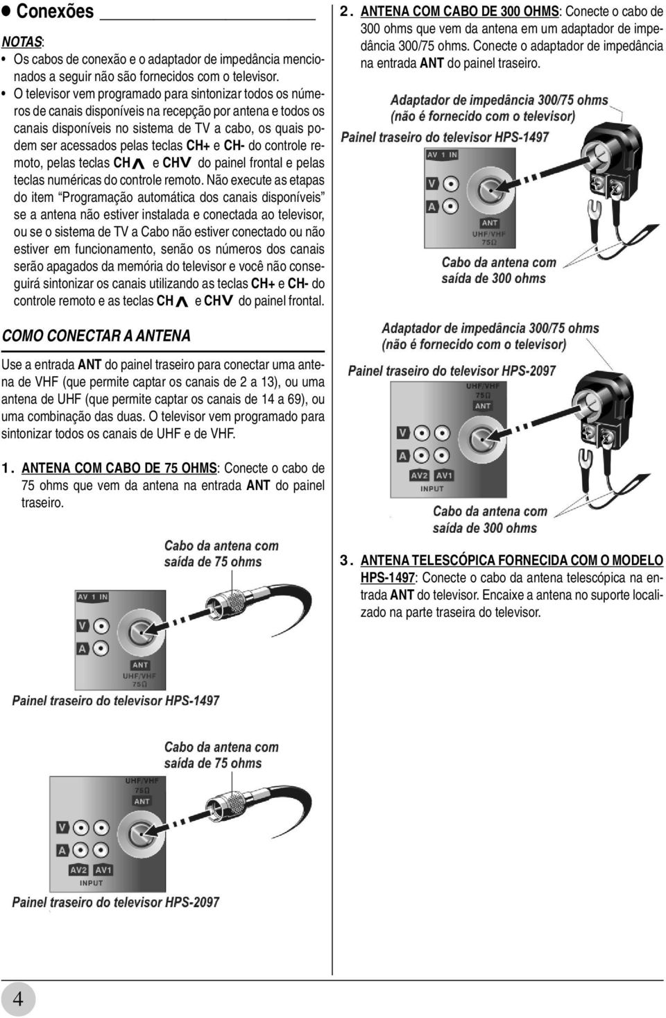 teclas CH+ e CH- do controle remoto, pelas teclas e CHV do painel frontal e pelas teclas numéricas do controle remoto.