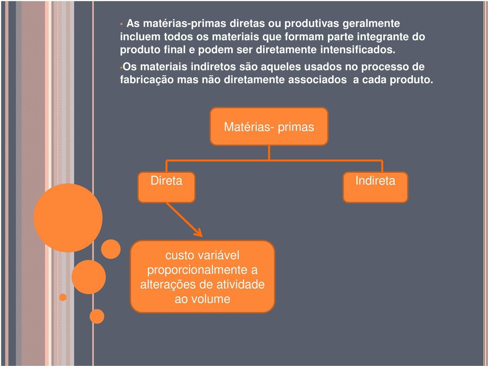 Os materiais indiretos são aqueles usados no processo de fabricação mas não diretamente