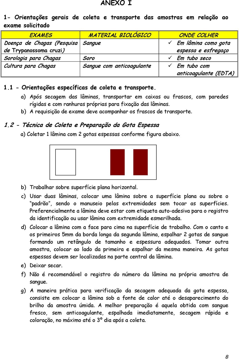 1 - Orientações específicas de coleta e transporte. a) Após secagem das lâminas, transportar em caixas ou frascos, com paredes rígidas e com ranhuras próprias para fixação das lâminas.