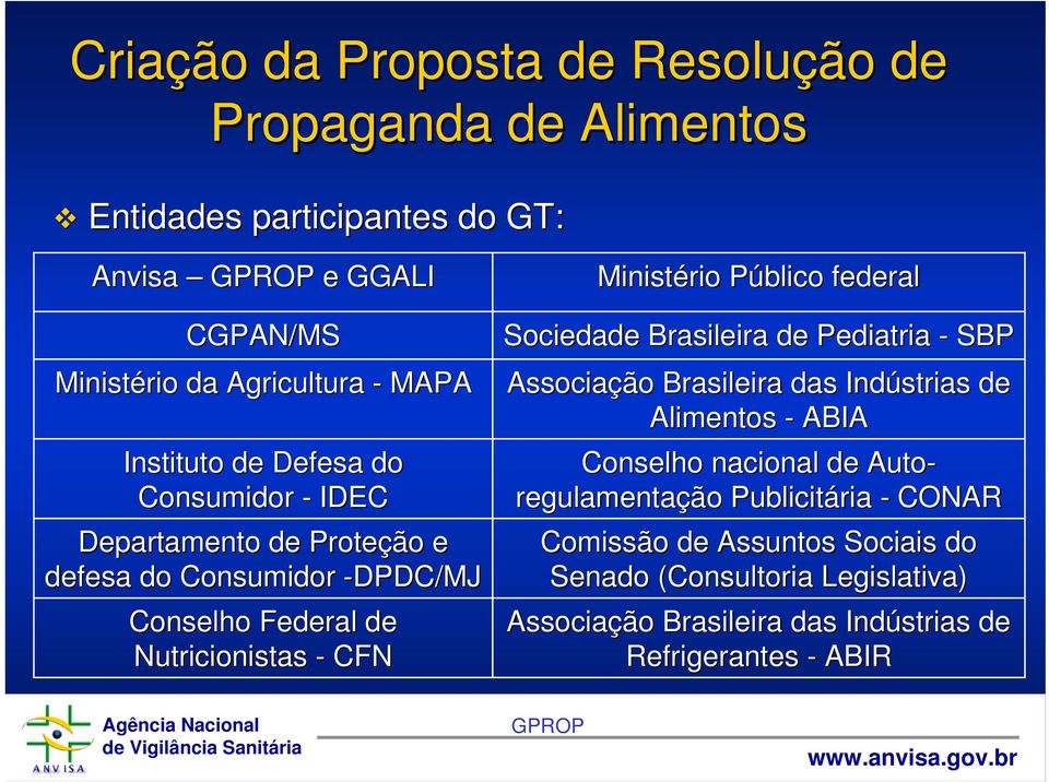 Ministério Público federal Sociedade Brasileira de Pediatria - SBP Associação Brasileira das Indústrias de Alimentos - ABIA Conselho nacional de Auto-