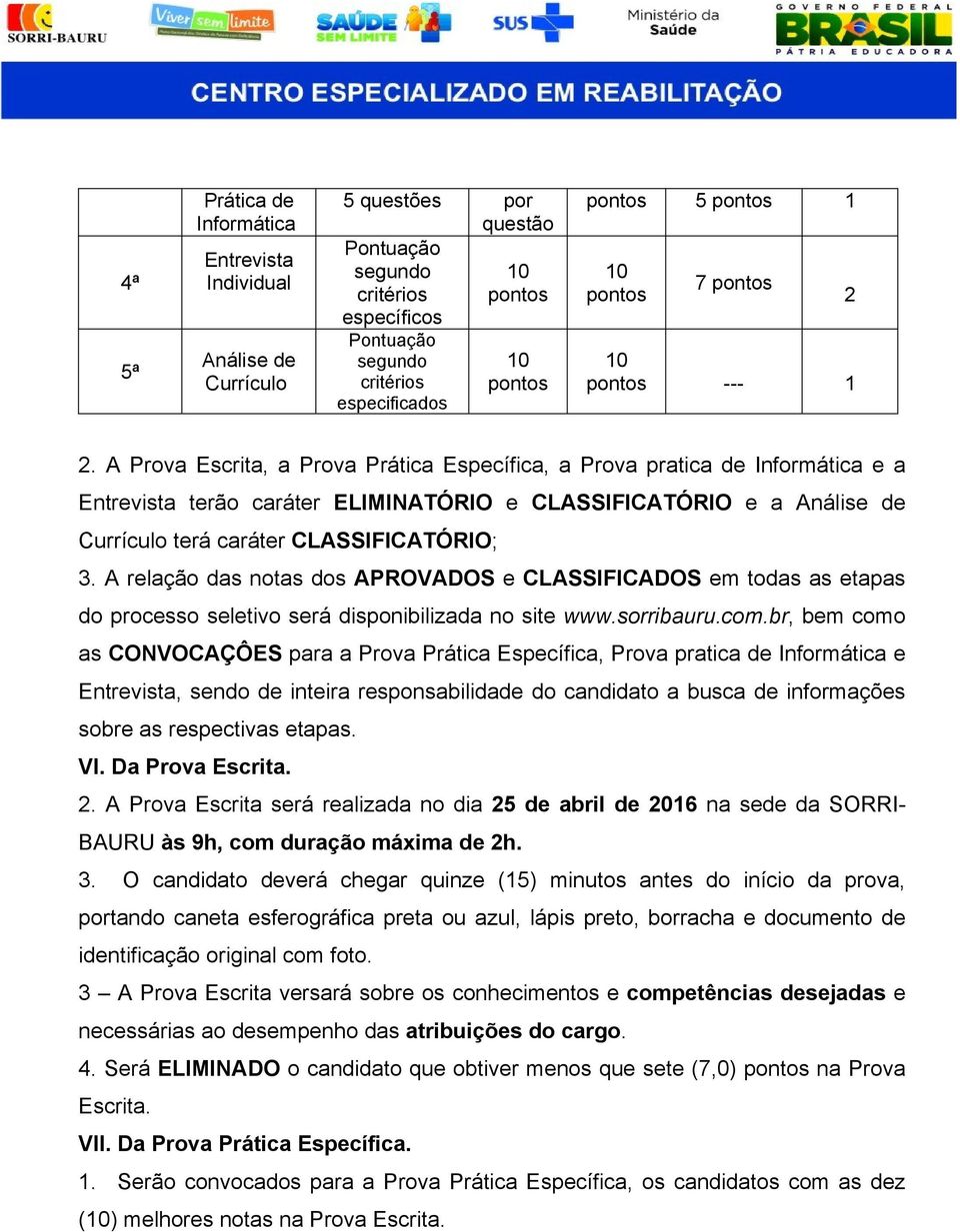 A relação das notas dos APROVADOS e CLASSIFICADOS em todas as etapas do processo seletivo será disponibilizada no site www.sorribauru.com.