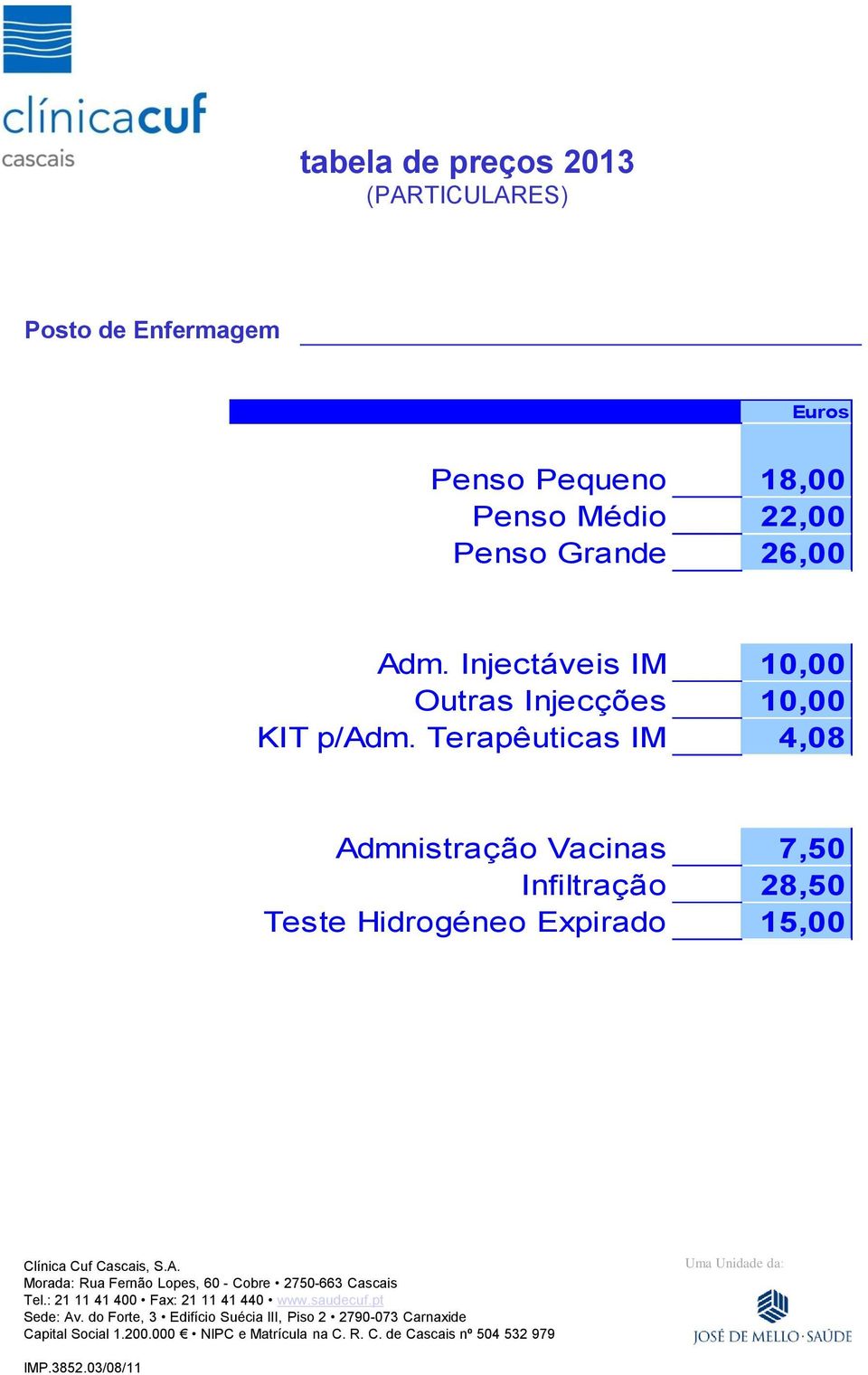 Injectáveis IM 10,00 Outras Injecções 10,00 KIT p/adm.