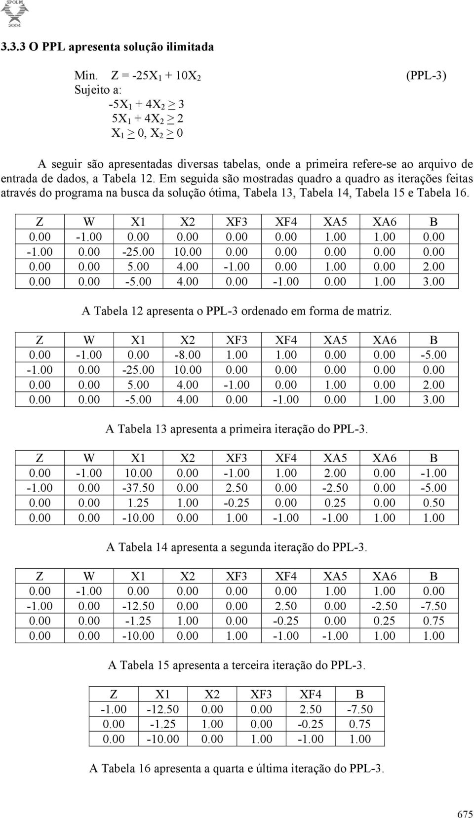 Em seguida são mostradas quadro a quadro as iterações feitas através do programa na busca da solução ótima, Tabela 13, Tabela 14, Tabela 15 e Tabela 16. 0.00-1.00 0.00 0.00 0.00 0.00 1.00 1.00 0.00-1.00 0.00-25.