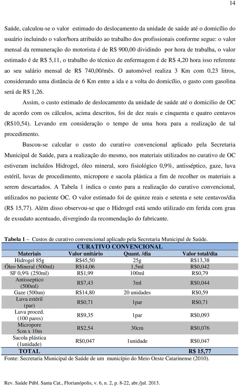 740,00/mês. O automóvel realiza 3 Km com 0,23 litros, considerando uma distância de 6 Km entre a ida e a volta do domicílio, o gasto com gasolina será de R$ 1,26.