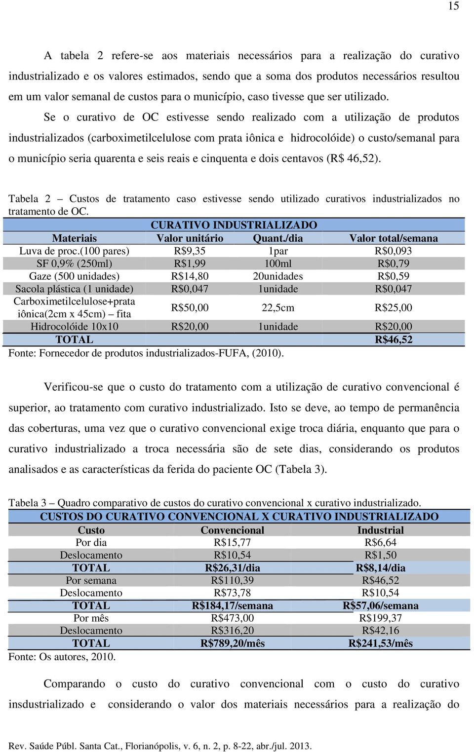 Se o curativo de OC estivesse sendo realizado com a utilização de produtos industrializados (carboximetilcelulose com prata iônica e hidrocolóide) o custo/semanal para o município seria quarenta e