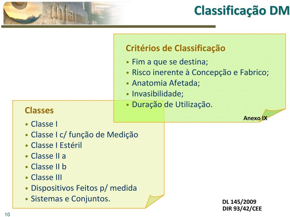 Critérios de Classificação Fim a que se destina; Risco inerente àconcepção e Fabrico;