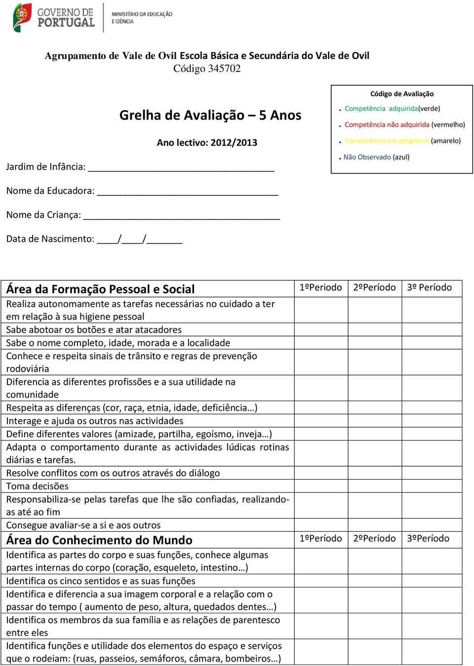 Não Observado (azul) Nome da Educadora: Nome da Criança: Data de Nascimento: / / Área da Formação Pessoal e Social 1ºPeriodo 2ºPeríodo Realiza autonomamente as tarefas necessárias no cuidado a ter em