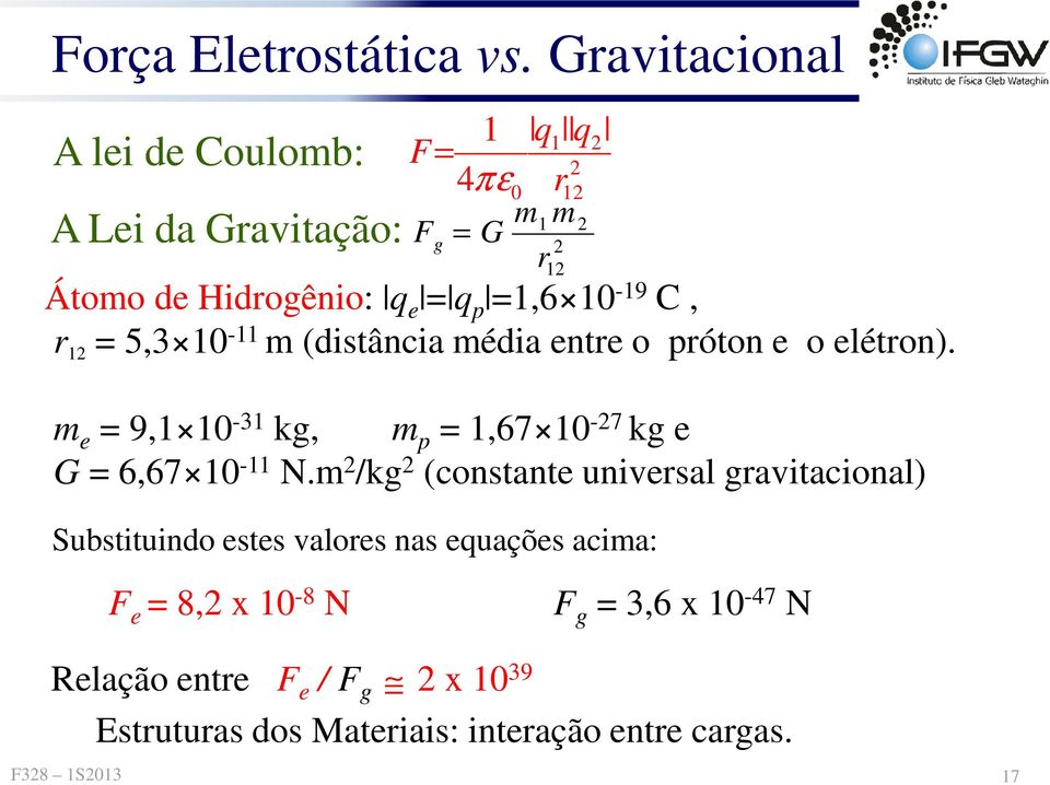 = 5,3 10-11 m (distância média ente o póton e o eléton). m e = 9,1 10-31 kg, m p = 1,67 10-7 kg e G = 6,67 10-11 N.