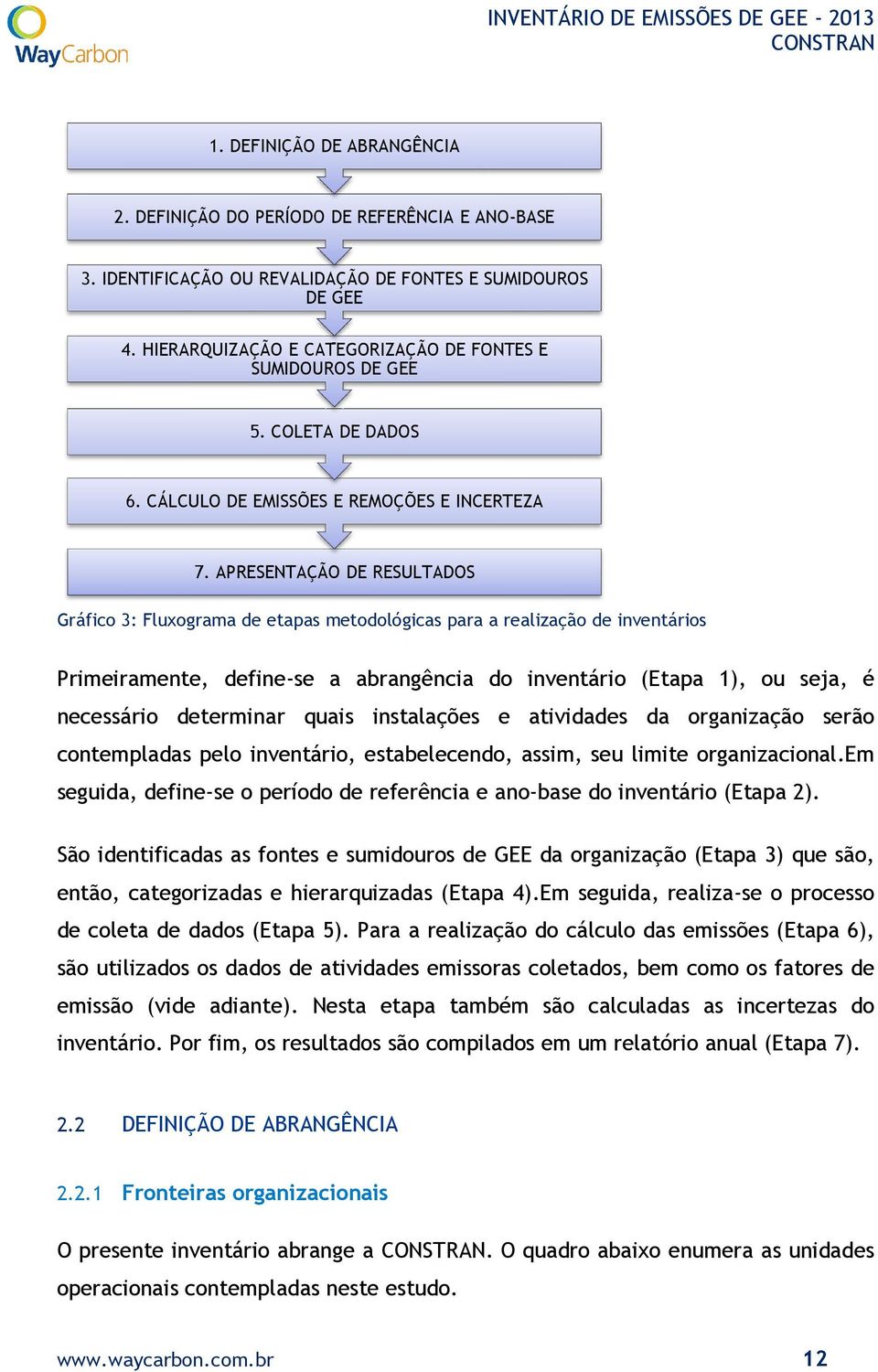 APRESENTAÇÃO DE RESULTADOS Gráfico 3: Fluxograma de etapas metodológicas para a realização de inventários Primeiramente, define-se a abrangência do inventário (Etapa 1), ou seja, é necessário