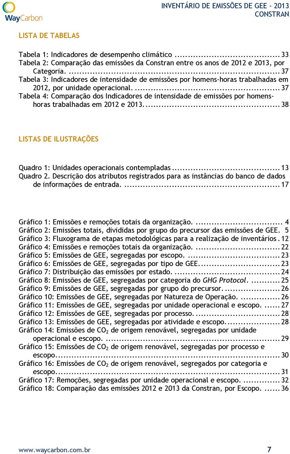 ... 37 Tabela 4: Comparação dos Indicadores de intensidade de emissões por homenshoras trabalhadas em 2012 e 2013.... 38 LISTAS DE ILUSTRAÇÕES Quadro 1: Unidades operacionais contempladas.