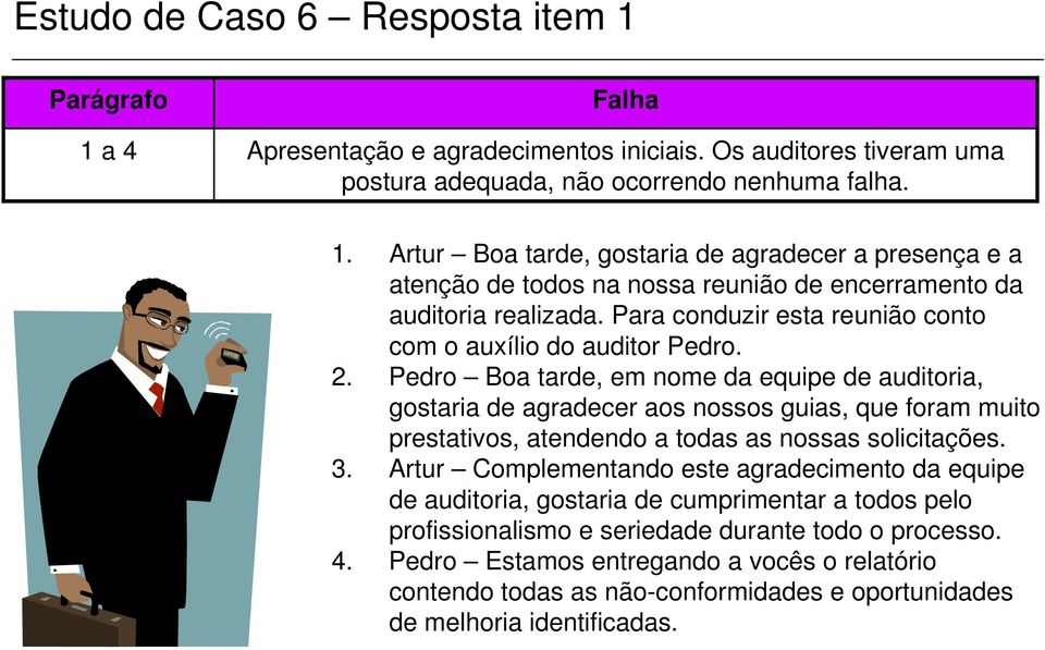 Pedro Boa tarde, em nome da equipe de auditoria, gostaria de agradecer aos nossos guias, que foram muito prestativos, atendendo a todas as nossas solicitações. 3.