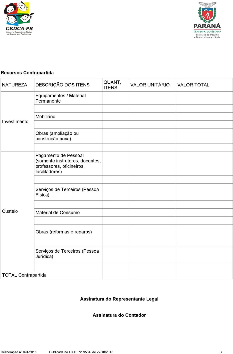 de Pessoal (somente instrutores, docentes, professores, oficineiros, facilitadores) Serviços de Terceiros (Pessoa Física) Custeio Material