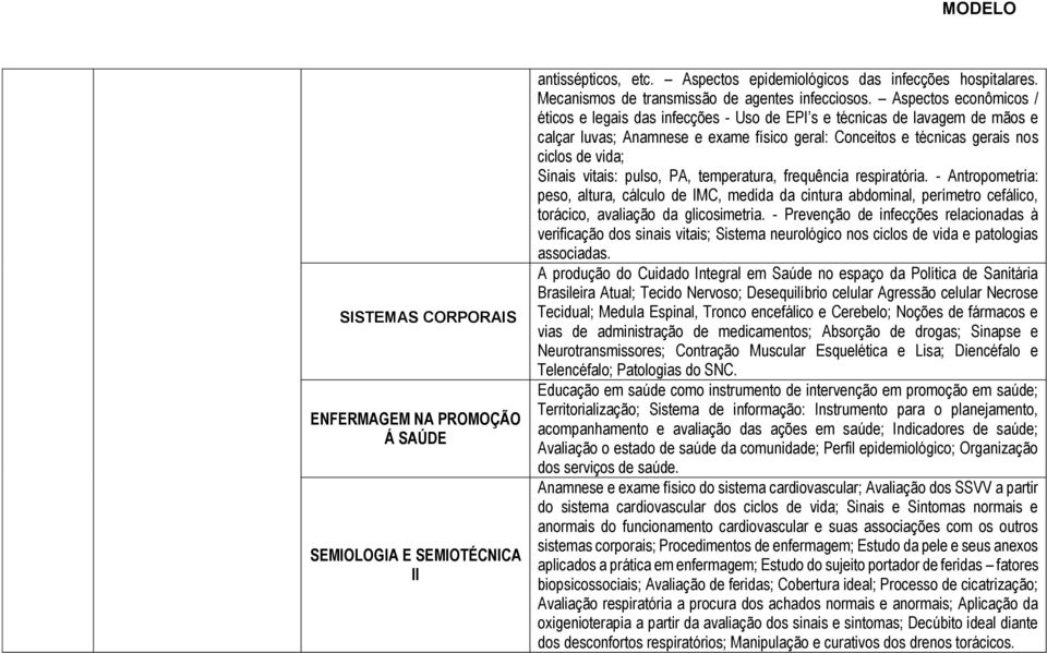 Aspectos econômicos / éticos e legais das infecções - Uso de EPI s e técnicas de lavagem de mãos e calçar luvas; Anamnese e exame físico geral: Conceitos e técnicas gerais nos ciclos de vida; Sinais