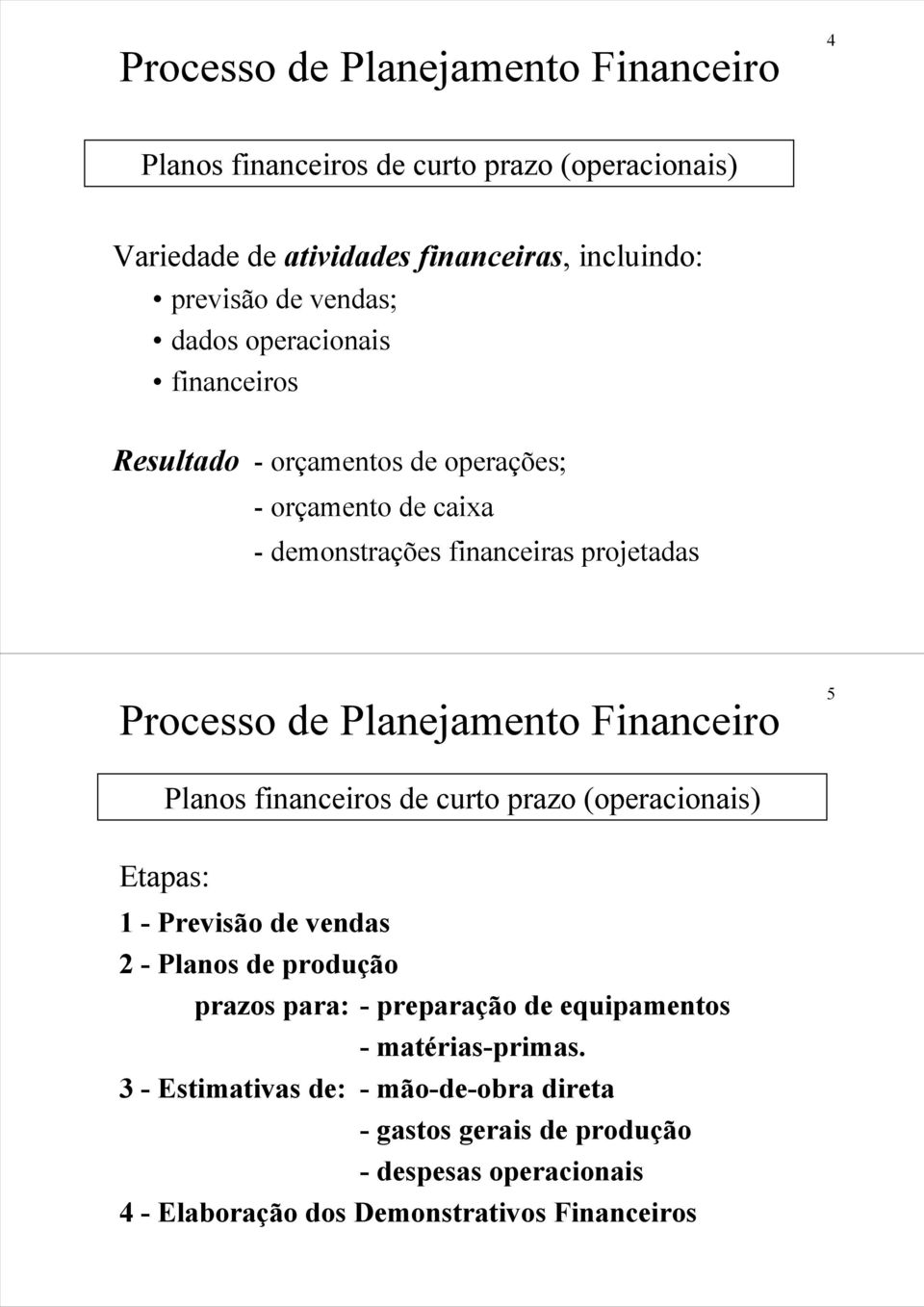 Planejamento Financeiro 5 Planos financeirosde curtoprazo (operacionais) Etapas: 1 -Previsão de vendas 2 -Planosde produção prazospara: -preparação