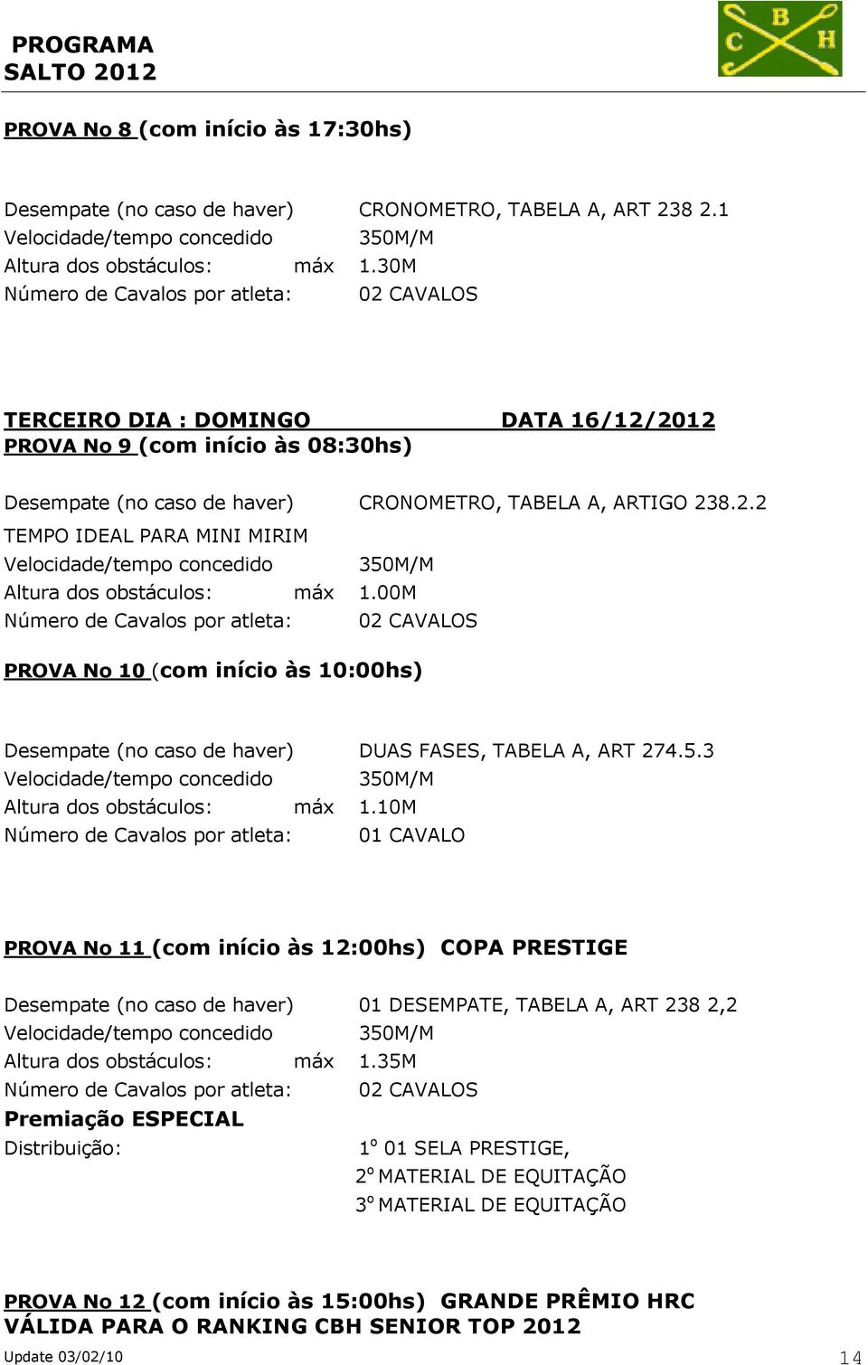 00M Número de Cavalos por atleta: 02 CAVALOS PROVA No 10 (com início às 10:00hs) Desempate (no caso de haver) DUAS FASES, TABELA A, ART 274.5.3 Altura dos obstáculos: máx 1.