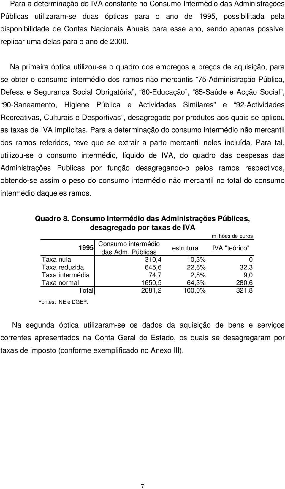 Na primeira óptica utilizou-se o quadro dos empregos a preços de aquisição, para se obter o consumo intermédio dos ramos não mercantis 75-Administração Pública, Defesa e Segurança Social Obrigatória,