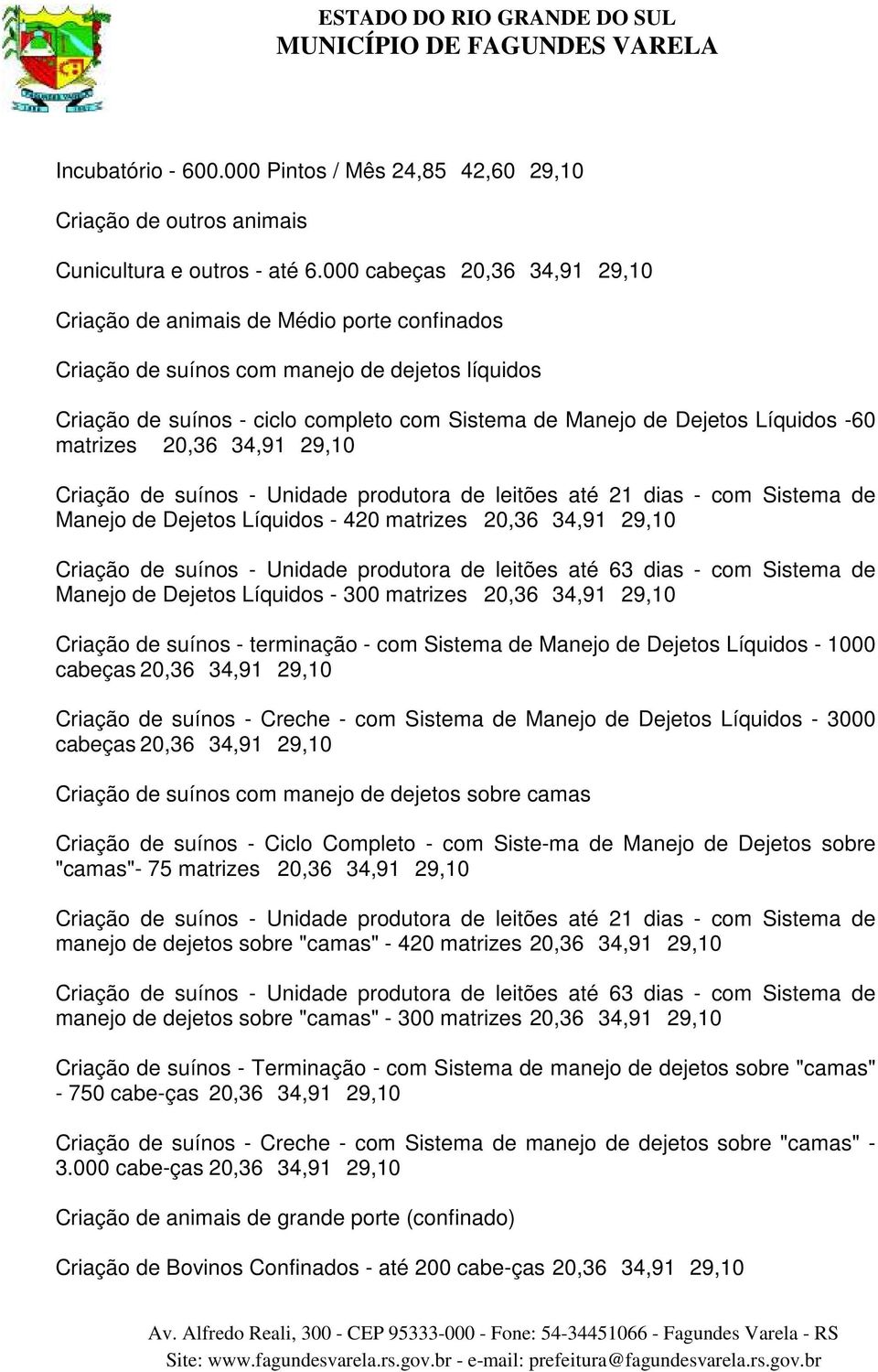 Líquidos -60 matrizes 20,36 34,91 29,10 Criação de suínos - Unidade produtora de leitões até 21 dias - com Sistema de Manejo de Dejetos Líquidos - 420 matrizes 20,36 34,91 29,10 Criação de suínos -