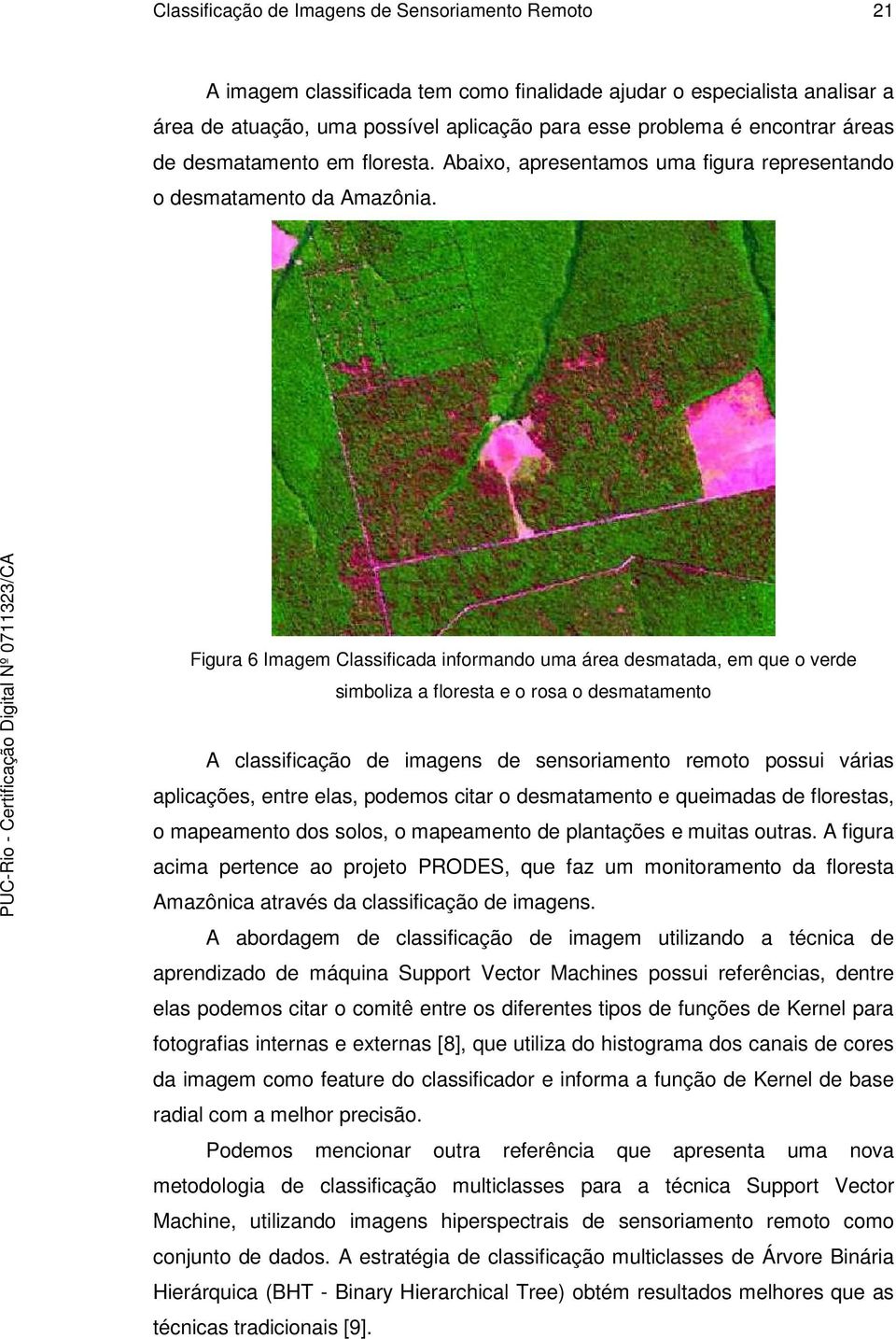 Figura 6 Imagem Classificada informando uma área desmatada, em que o verde simboliza a floresta e o rosa o desmatamento A classificação de imagens de sensoriamento remoto possui várias aplicações,