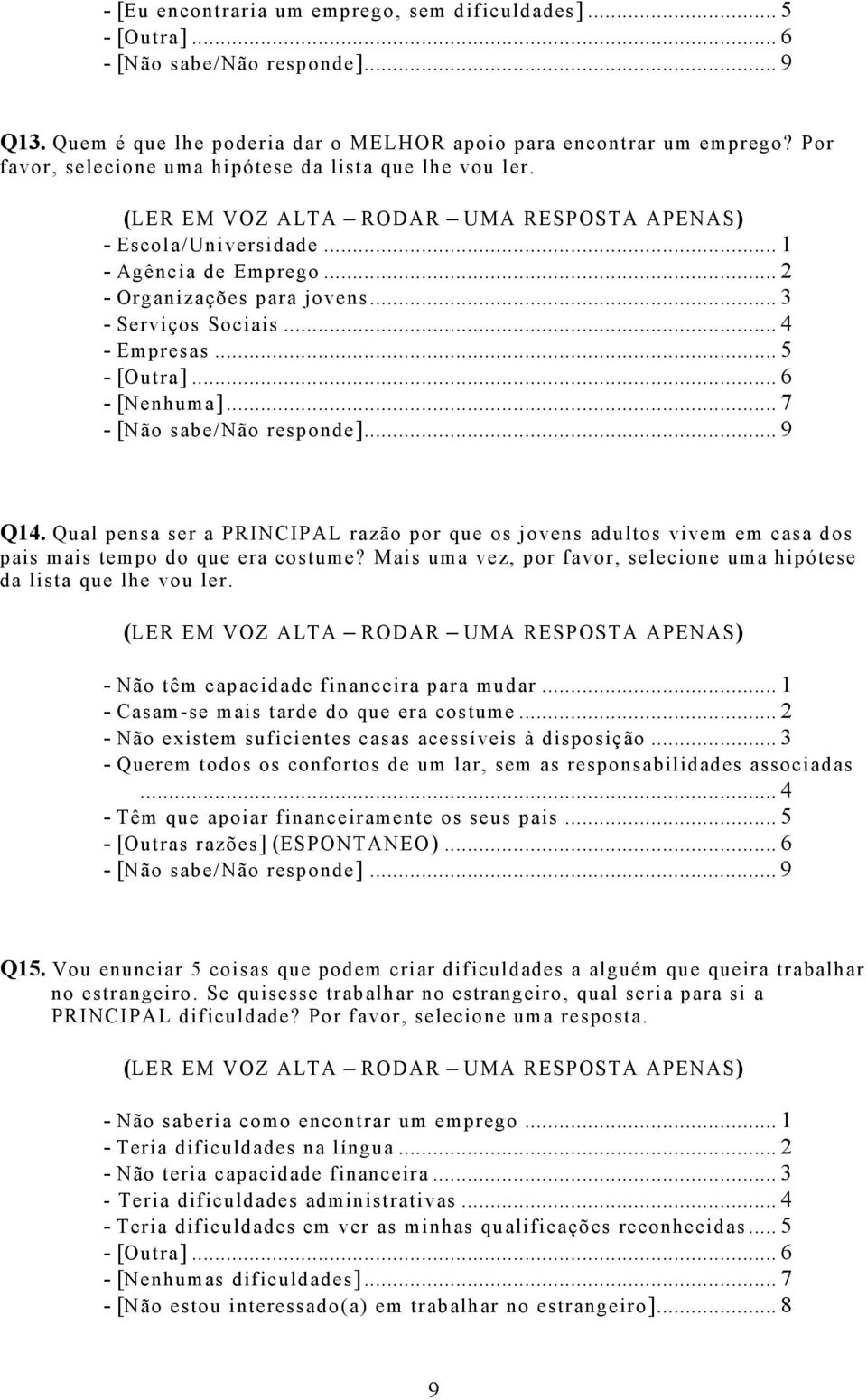 .. 6 - [Nenhuma]... 7 - [Não sabe/não responde]... 9 Q14. Qual pensa ser a PRINCIPAL razão por que os jovens adultos vivem em casa dos pais mais tempo do que era costume?