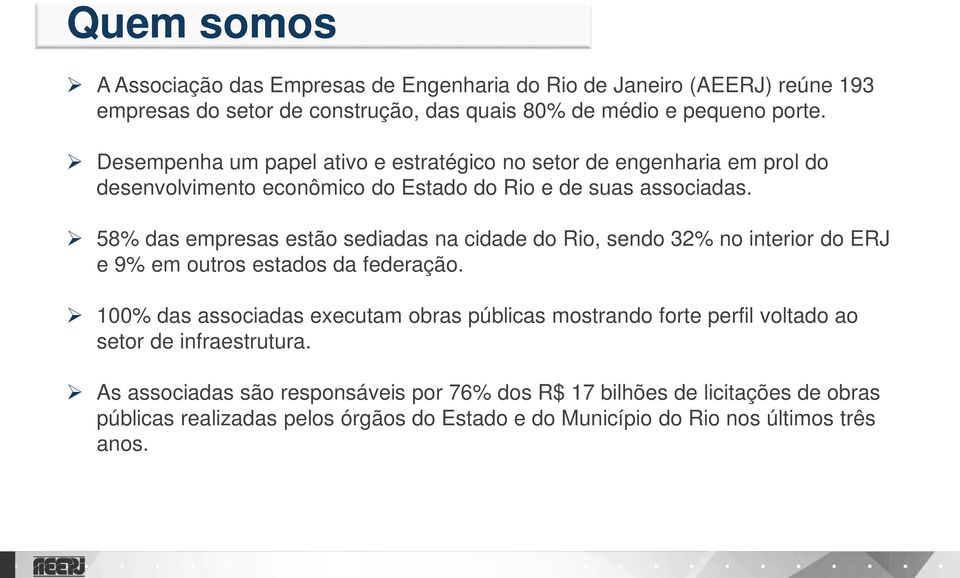 58% das empresas estão sediadas na cidade do Rio, sendo 32% no interior do ERJ e 9% em outros estados da federação.