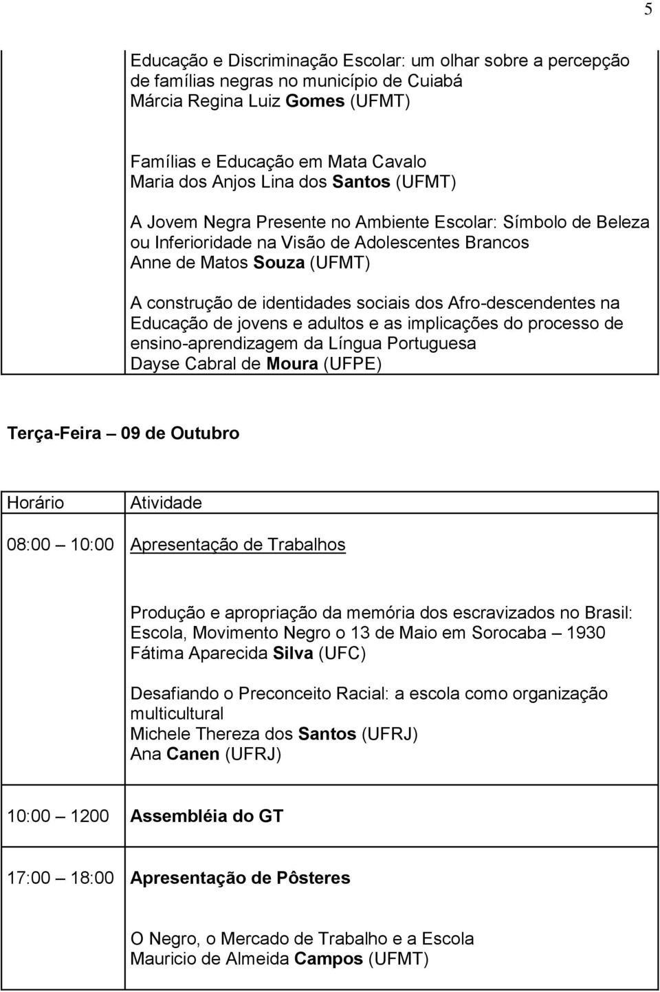 Afro-descendentes na Educação de jovens e adultos e as implicações do processo de ensino-aprendizagem da Língua Portuguesa Dayse Cabral de Moura (UFPE) Terça-Feira 09 de Outubro Horário Atividade